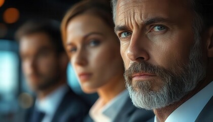 Fototapeta premium Risk management team reviewing potential business threats, serious atmosphere, sharp focus, soft lighting