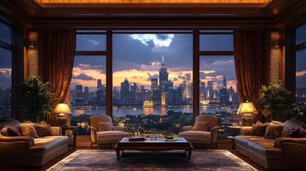 Elegant interior with a city skyline view at sunset.