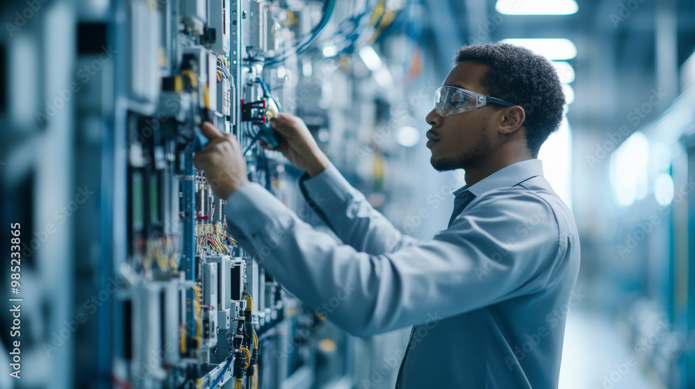 Poster engineer in safety glasses working on an advanced electrical panel in a modern, high-tech laboratory