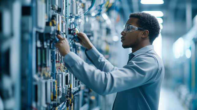 Engineer in safety glasses working on an advanced electrical panel in a modern, high-tech laboratory or data center environment.