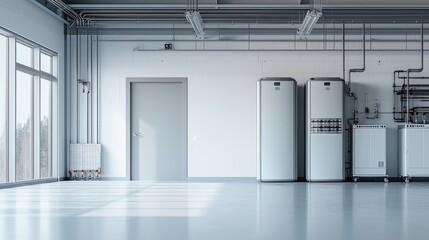 Modern utility room with industrial equipment and sunlight