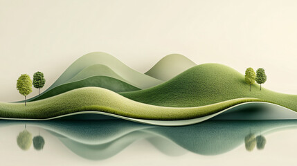 Abstract green hills and trees reflected in calm water, with smooth gradients...
