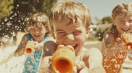 90s kids playing with a Super Soaker water gun in a backyard