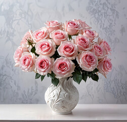 Bouquet of pink roses in a white carved vase