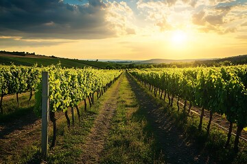 Obraz premium Sunset Over Vineyard Rows with Green Vines and Golden Light