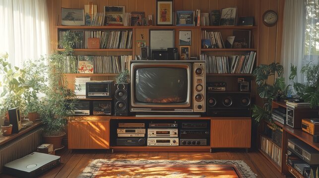 Vintage living room with a retro TV and audio equipment.