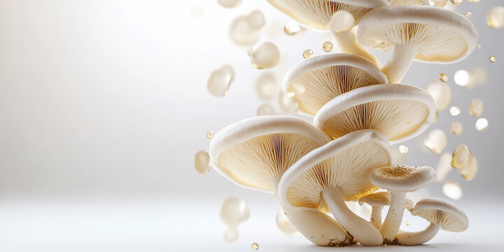 A cluster of white mushrooms floats gracefully amidst scattered droplets, set against a soft, dreamy background, creating a surreal and delicate composition.