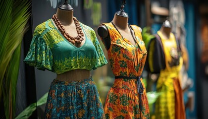 Sustainable fashion with eco-friendly clothing on display, green style, sharp focus, bright lighting, vibrant colors