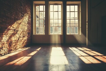 Fototapeta premium Sunlight streaming through three windows in an empty room with brick wall