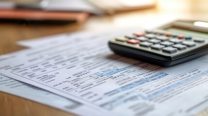 Obraz premium Tax return preparation with documents and a calculator on a desk, organized style, close-up, sharp focus, bright lighting