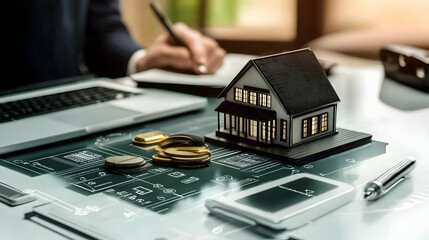 House Model on Blueprint with Coins - Realistic Image