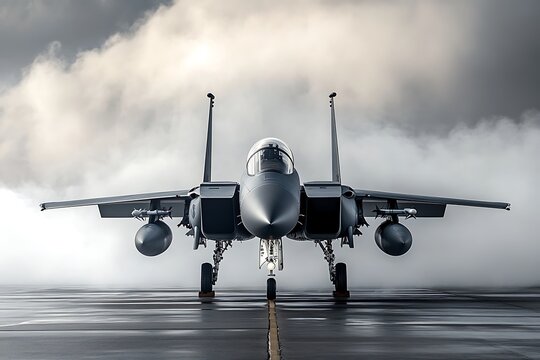 F 15E Strike Eagle Fighter Jet on Runway in Cloudy Weather
