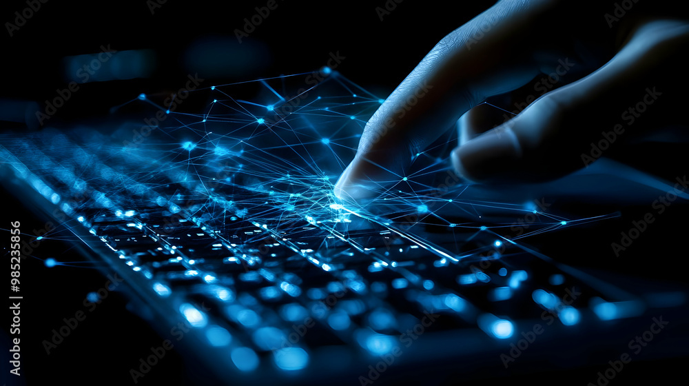 Poster abstract illustration of a hand typing on a keyboard with glowing network lines