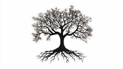 Silhouette of a tree with intricate branches and widespread roots against a white background, symbolizing growth, stability, and interconnectedness with nature.