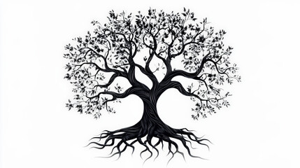 Artistic black and white illustration of a tree with intricate branches and roots, creating symmetrical and detailed patterns against a plain background.