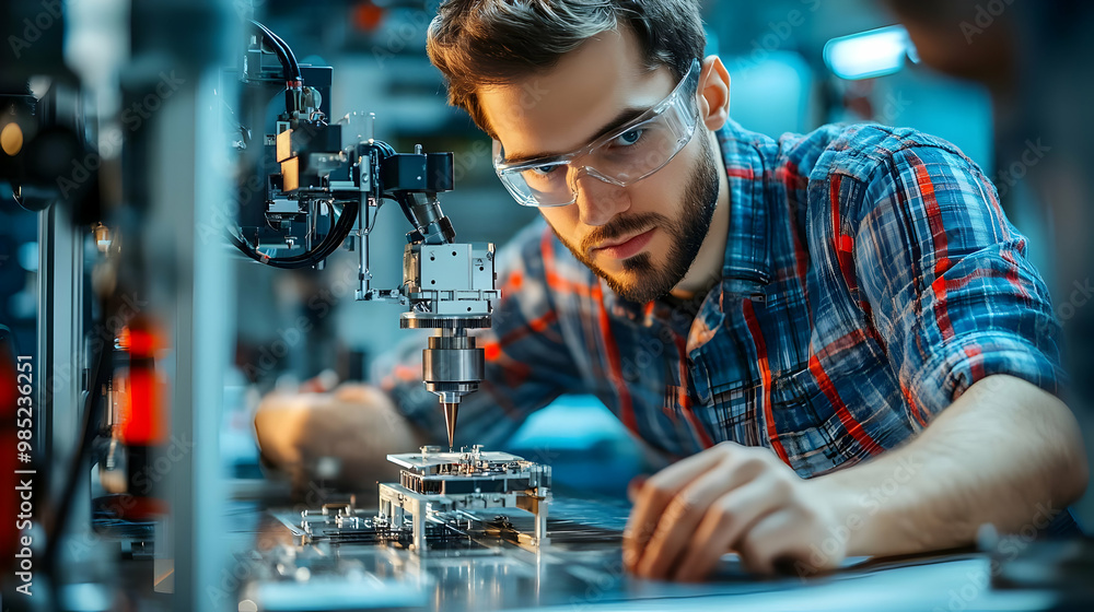Poster focused engineer working on a machine - realistic image