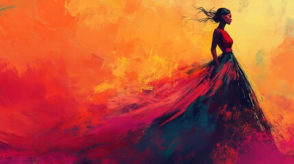 Woman in Red Dress with Flowing Skirt Against Abstract Background