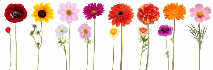 Collection of fresh flowers on white background. Various blooms in vibrant colors. Gerbera, gladiola, rose, sunflower, and more. Perfect for anniversary, birthday, or any festive occasion.