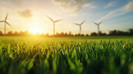 A sunrise illuminates wind turbines in the background, while dewy grass in the foreground highlights a sustainable and serene natural landscape.