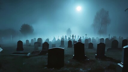 Exploring a foggy graveyard at midnight with illuminated tombstones