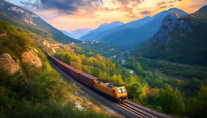 Freight Train Winding Through Mountain Valley at Sunset
