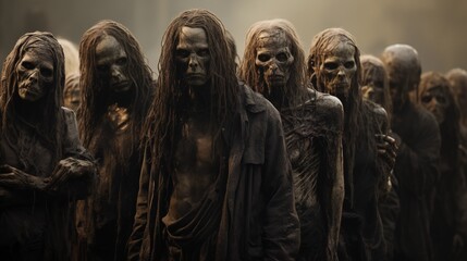 Naklejka premium Zombie apocalypse. crowd of zombies with ripped clothes isolated on transparent background, Halloween undead