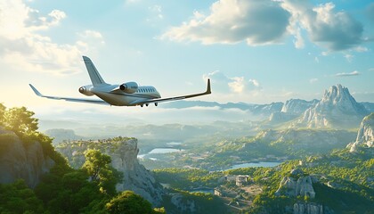 Private Jet Soaring Above Majestic Mountains