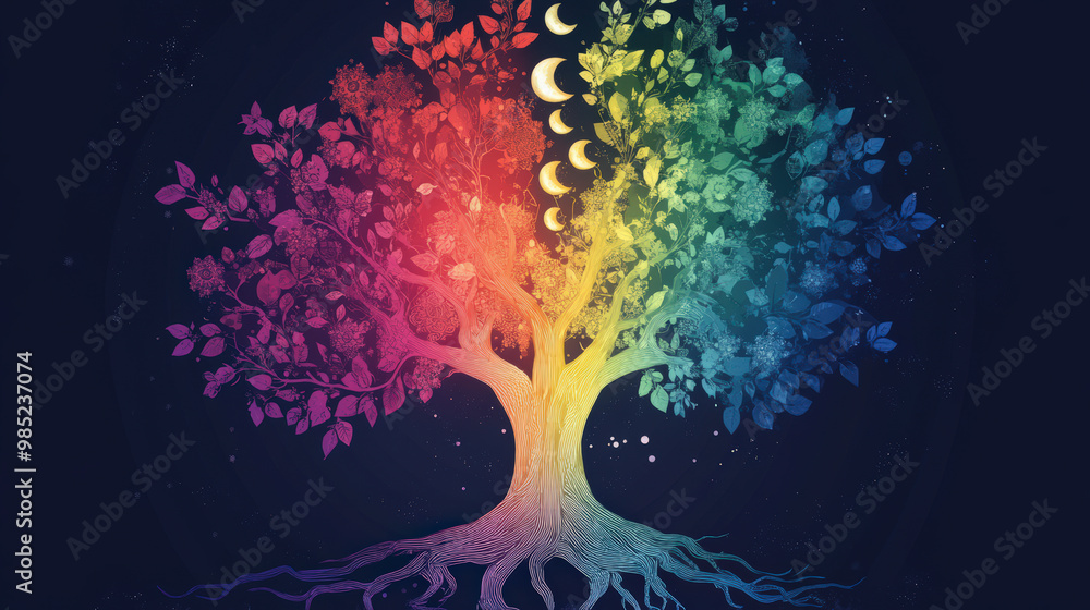 Poster a vibrant tree with multicolored leaves and moon phases displayed above, symbolizing the cycle of li