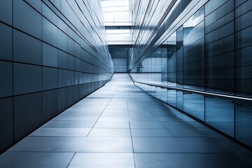 Obraz premium Modern, futuristic, stainless steel hallway or corridor with ramp and glass walls. Abstract minimalist interior design.
