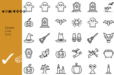 Halloween editable stroke outline Icons set. Pumpkin, ghost, spider, skull, bone, bat, cat, witch, tree, cemetery and evil. Vector illustration