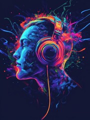 Into the Music: A vibrant, abstract portrait of a person lost in their music, engulfed by a kaleidoscope of colors and sound. 