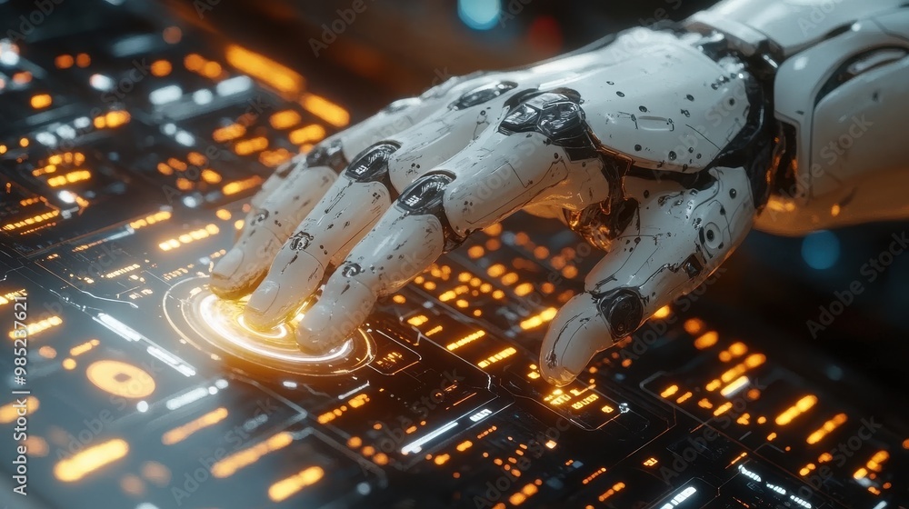 Poster automation software concept as an innovation robot pressing button on virtual screenrender