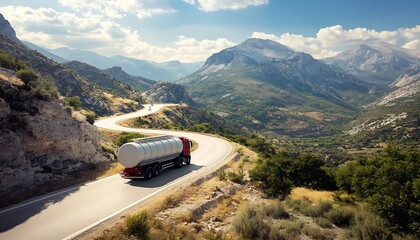 Tanker Truck Winding Through Mountain Pass