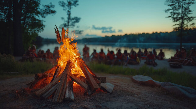 A ceremonial gathering around a fire, where elders share wisdom and traditions, fostering community connection, Native American Day