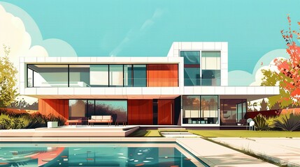 Fototapeta premium Stylish Modern House: A Detailed and Colorful Illustration
