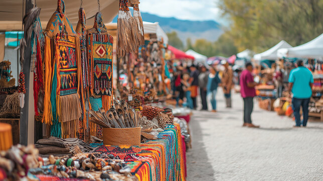 A vibrant market showcasing Native American crafts, with artisans demonstrating their skills and sharing stories, Native American Day