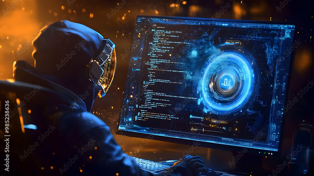 Poster cyberpunk hacker working on a computer illustration