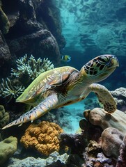 Obraz premium Green turtle swims underwater near coral reef. Rocky seafloor, vibrant aquatic life surround. Turquoise ocean water, marine fauna, tropical fish, coral, sea creatures.