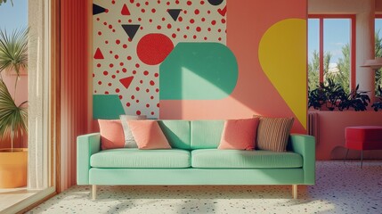 Brightly colored 90s patterned wallpaper in a living room