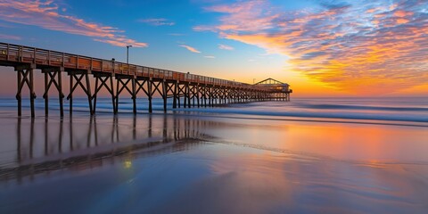 Flagler Beach Fishing Pier at sunrise in Florida, USA. Panoramic seascape with calm ocean, waves, shore, and sandy beach. Morning light, soft colors, and serene atmosphere.