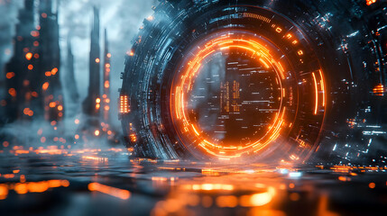 Fototapeta premium Futuristic Cityscape with Glowing Portal - 3D Illustration
