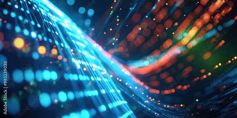 Aufkleber Data stream flows in dynamic pattern with power rays and light. Information concept conveyed through futuristic digital flow. Technology background with 3D rendering.