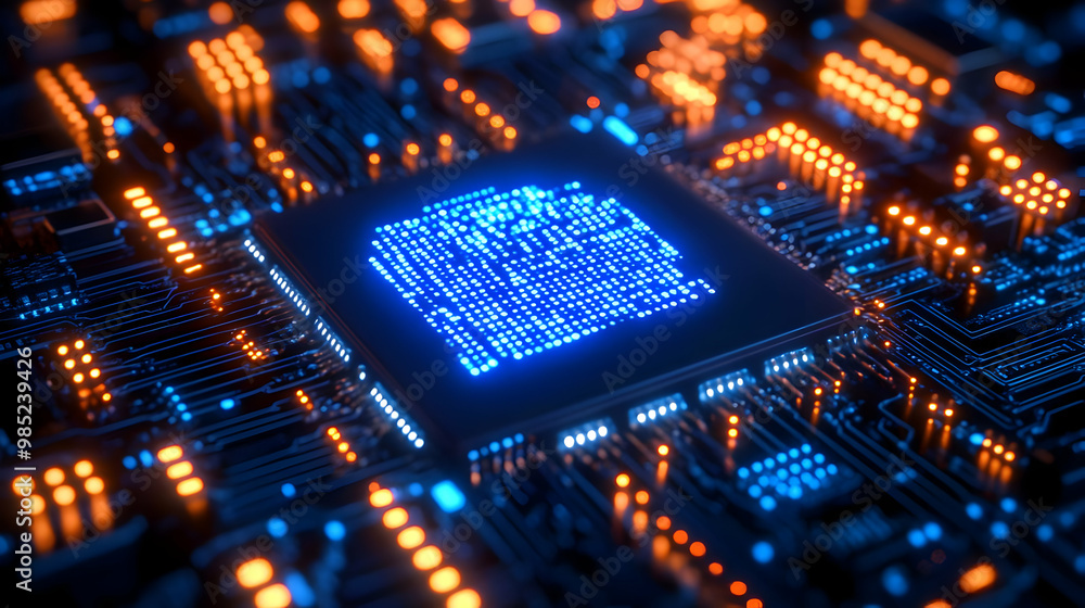Aufkleber 3d illustration of a circuit board with a glowing processor
