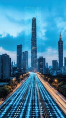 A futuristic cityscape featuring a tall skyscraper and vibrant traffic below.
