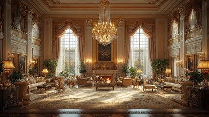 Fototapeta premium Elegant living room with luxurious decor and natural light.