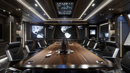 Cutting Edge Conference Room with Futuristic Technology and Global Connectivity