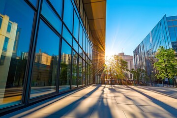 Fototapeta premium Modern glass office building with sun shining through windows, urban cityscape background