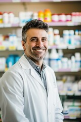 Fototapeta premium Caucasian pharmacist wearing white lab coat stands in front of pharmacy shelves filled with various medications, conveying sense of approachability, professionalism. High-resolution well-stocked