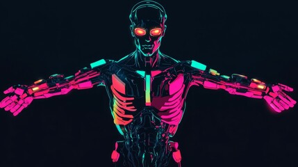 A glowing cyborg with neon lights in a dark background.