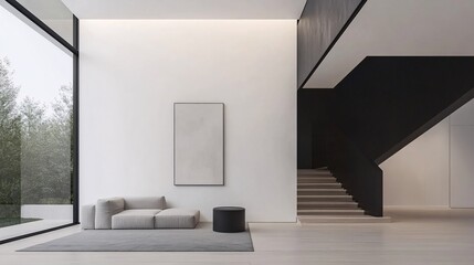 Modern minimalist living area featuring a gray sofa and a black table with sleek architecture.